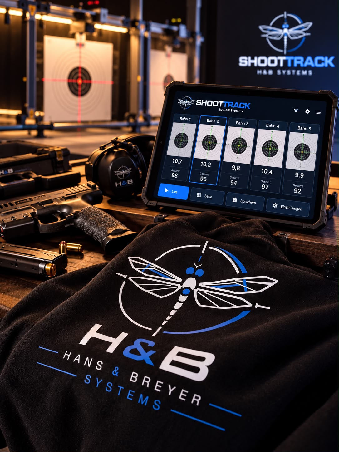 ShootTrack-Tablet mit fünf Bahnen und Gesamtwertung, davor ein Hoodie mit dem Libellen-Logo von H&B Systems